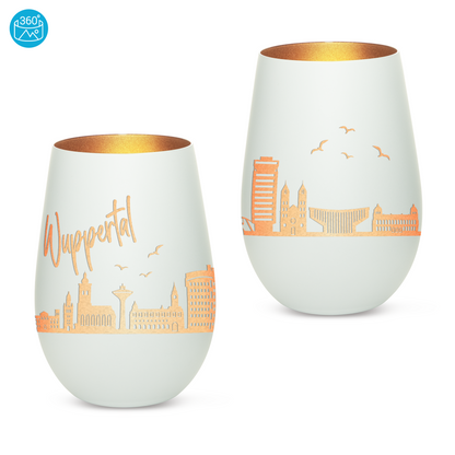 Hochwertiges Glas Windlicht mit Gravur "SKYLINE WUPPERTAL" in der Farbe Weiß/Bronze