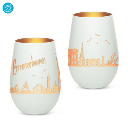 Hochwertiges Glas Windlicht mit Gravur "SKYLINE BREMERHAVEN" in der Farbe Weiß/Bronze