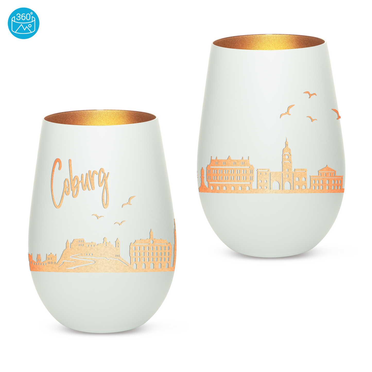 Hochwertiges Glas Windlicht mit Gravur "SKYLINE COBURG" in der Farbe Weiß/Bronze