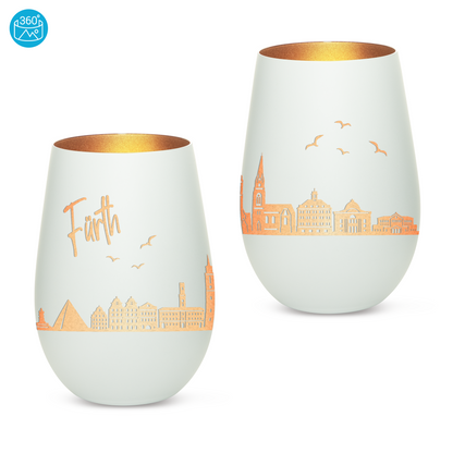 Hochwertiges Glas Windlicht mit Gravur "SKYLINE FÜRTH" in der Farbe Weiß/Bronze