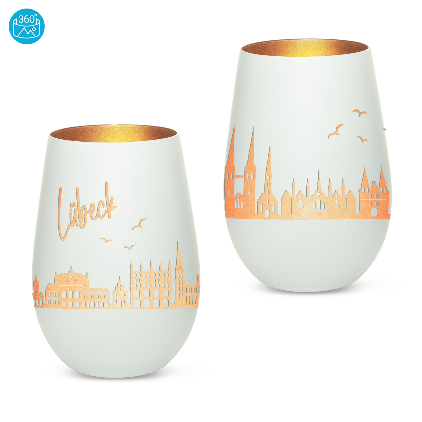 Hochwertiges Glas Windlicht mit Gravur "SKYLINE LÜBECK" in der Farbe Weiß/Bronze
