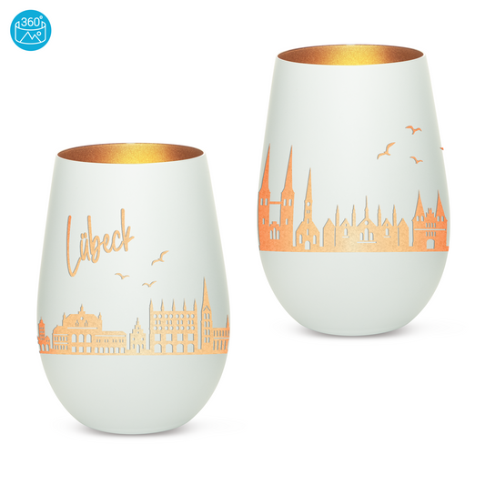 Hochwertiges Glas Windlicht mit Gravur "SKYLINE LÜBECK" in der Farbe Weiß/Bronze