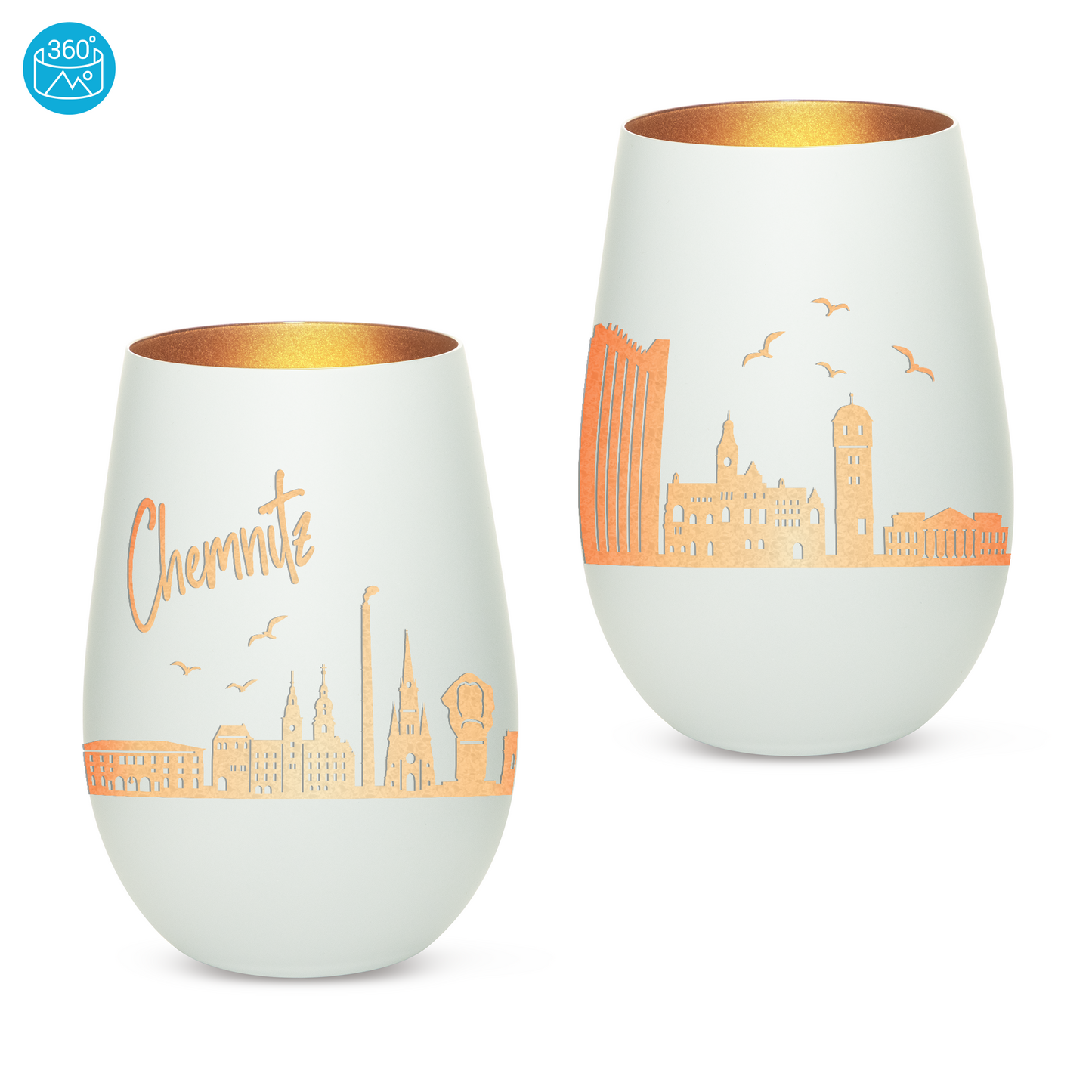 Hochwertiges Glas Windlicht mit Gravur "SKYLINE CHEMNITZ" in der Farbe Weiß/Bronze