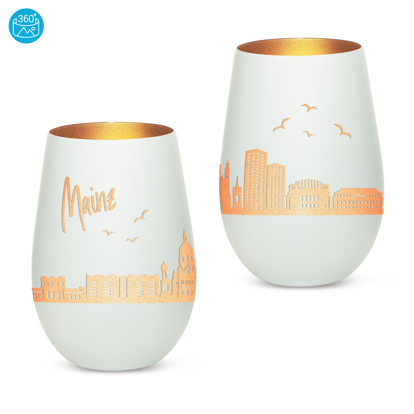 Hochwertiges Glas Windlicht mit Gravur "SKYLINE MAINZ" in der Farbe Weiß/Bronze