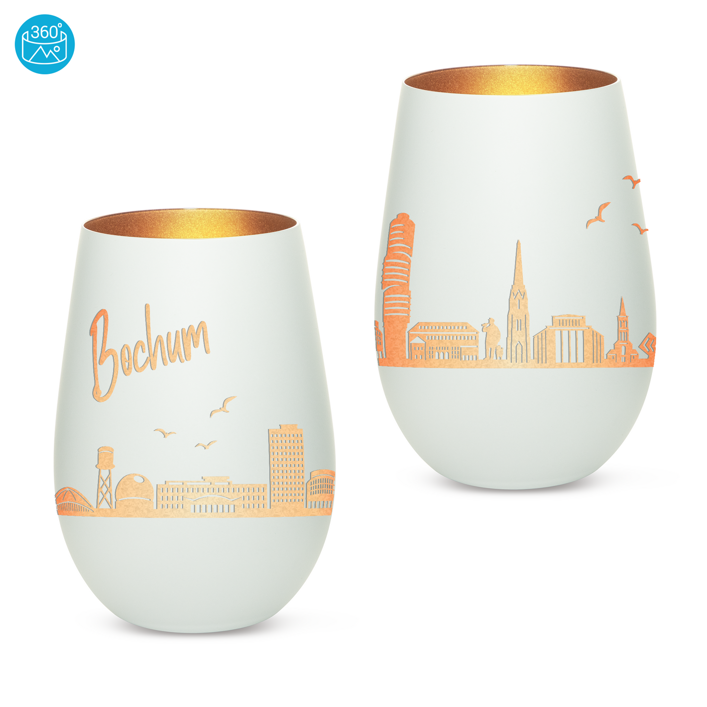 Hochwertiges Glas Windlicht mit Gravur "SKYLINE BOCHUM" in der Farbe Weiß/Bronze