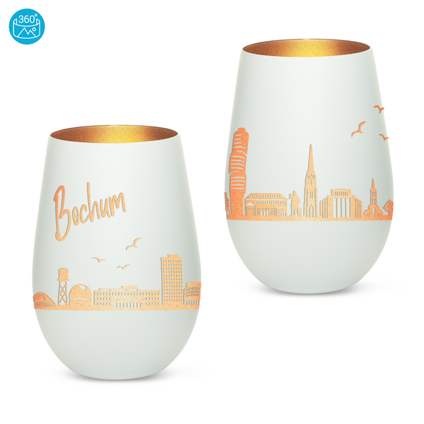Hochwertiges Glas Windlicht mit Gravur "SKYLINE BOCHUM" in der Farbe Weiß/Bronze