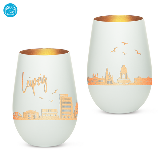Hochwertiges Glas Windlicht mit Gravur "SKYLINE LEIPZIG" in der Farbe Weiß/Bronze