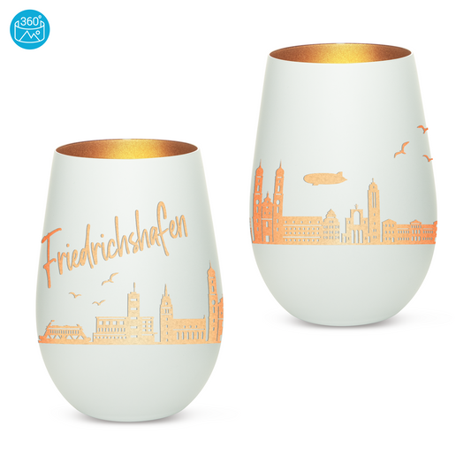 Hochwertiges Glas Windlicht mit Gravur "SKYLINE FRIEDRICHSHAFEN" in der Farbe Weiß/Bronze