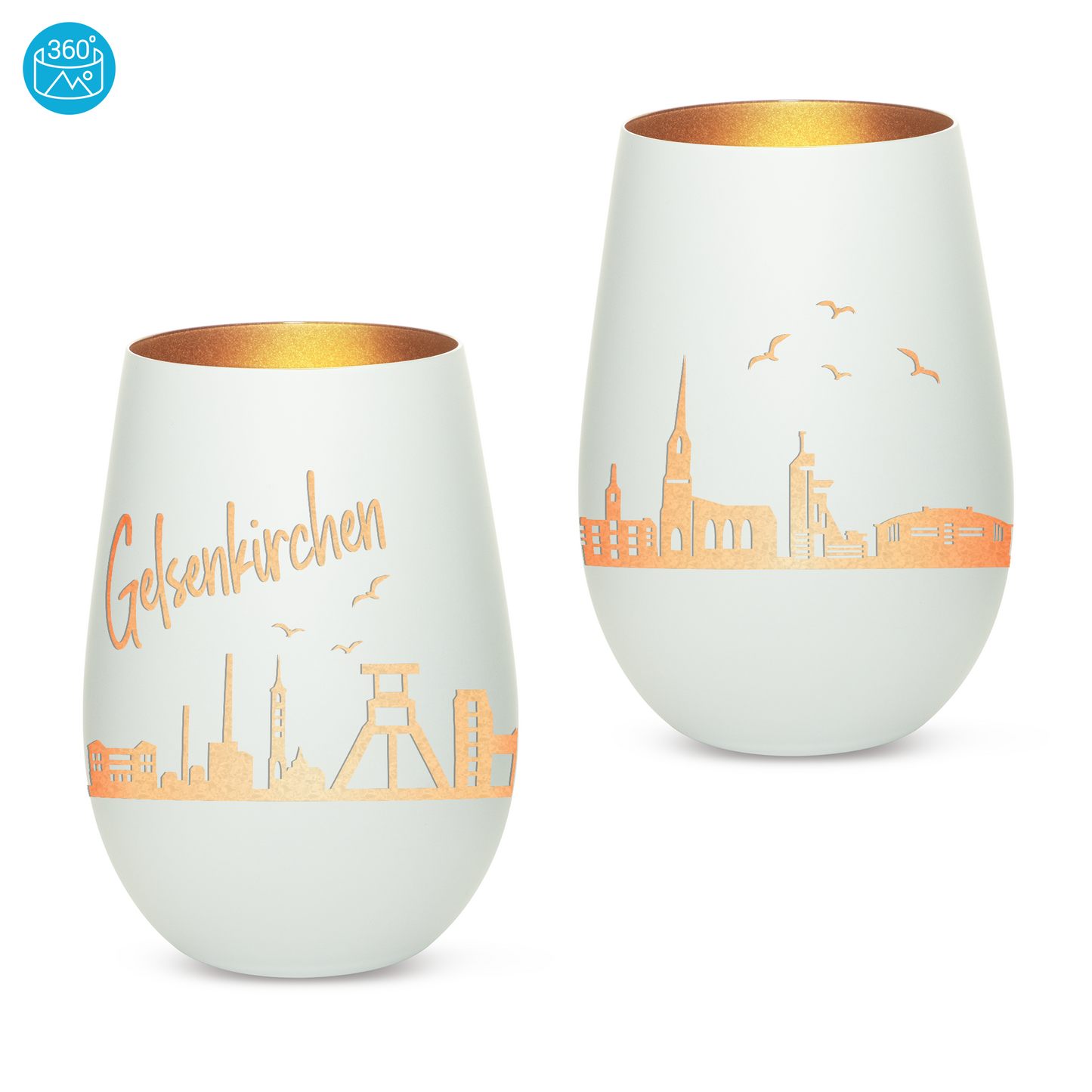 Hochwertiges Glas Windlicht mit Gravur "SKYLINE GELSENKIRCHEN" in der Farbe Weiß/Bronze