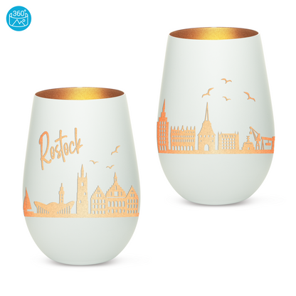 Hochwertiges Glas Windlicht mit Gravur "SKYLINE ROSTOCK" in der Farbe Weiß/Bronze