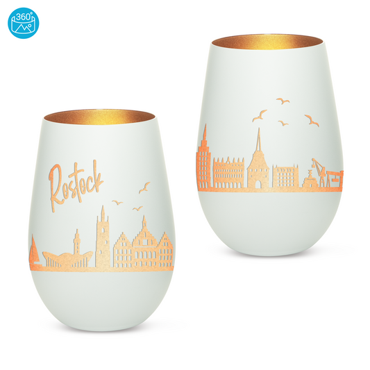 Hochwertiges Glas Windlicht mit Gravur "SKYLINE ROSTOCK" in der Farbe Weiß/Bronze