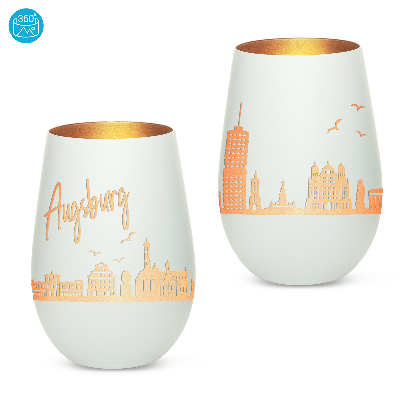 Hochwertiges Glas Windlicht mit Gravur "SKYLINE AUGSBURG" in der Farbe Weiß/Bronze