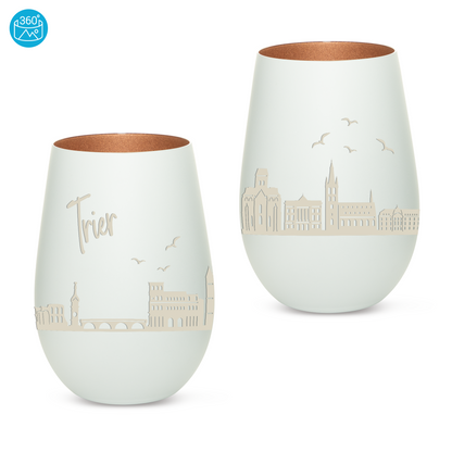 Hochwertiges Glas Windlicht mit Gravur "SKYLINE TRIER" in der Farbe Weiß/Bronze