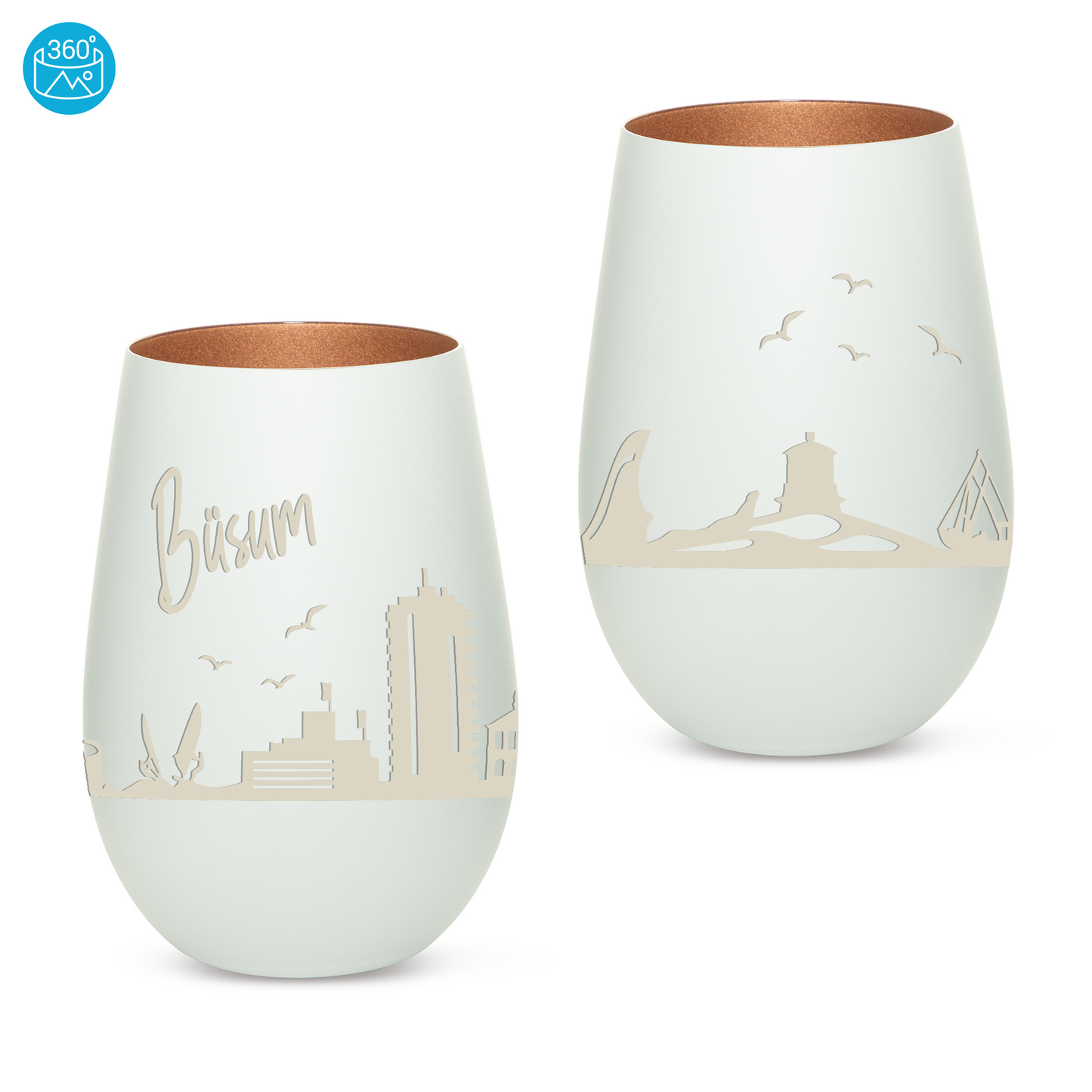 Hochwertiges Glas Windlicht mit Gravur "SKYLINE BÜSUM" in der Farbe Weiß/Bronze