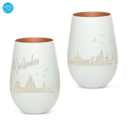 Hochwertiges Glas Windlicht mit Gravur "SKYLINE WIESBADEN" in der Farbe Weiß/Bronze