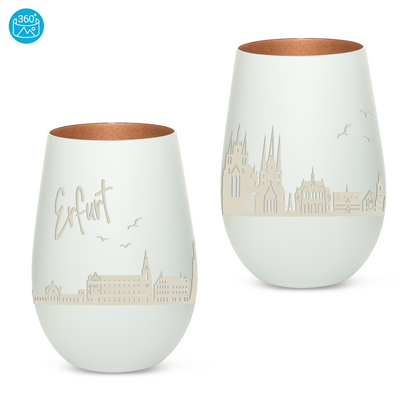 Hochwertiges Glas Windlicht mit Gravur "SKYLINE ERFURT" in der Farbe Weiß/Bronze