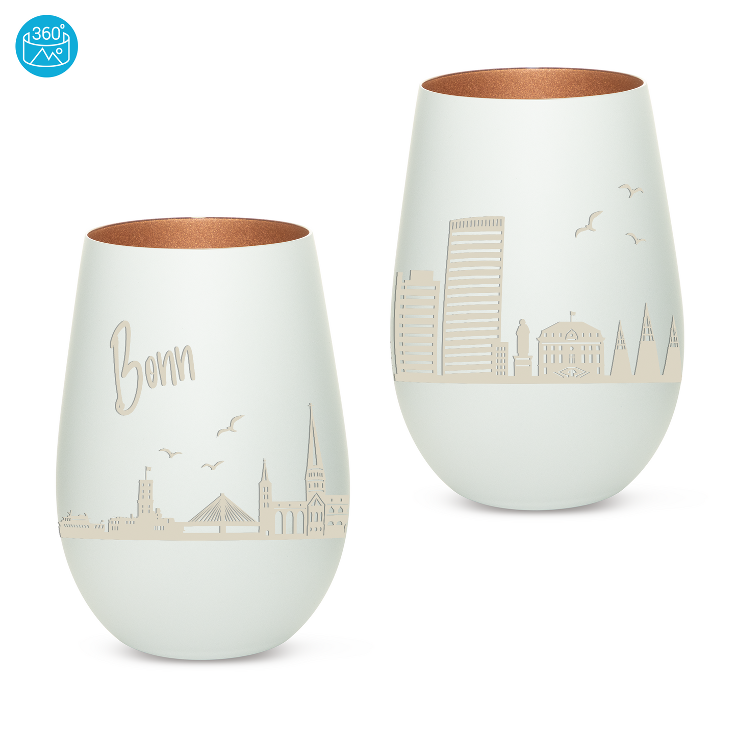 Hochwertiges Glas Windlicht mit Gravur "SKYLINE BONN" in der Farbe Weiß/Bronze