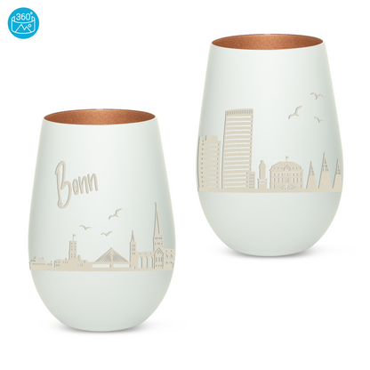 Hochwertiges Glas Windlicht mit Gravur "SKYLINE BONN" in der Farbe Weiß/Bronze