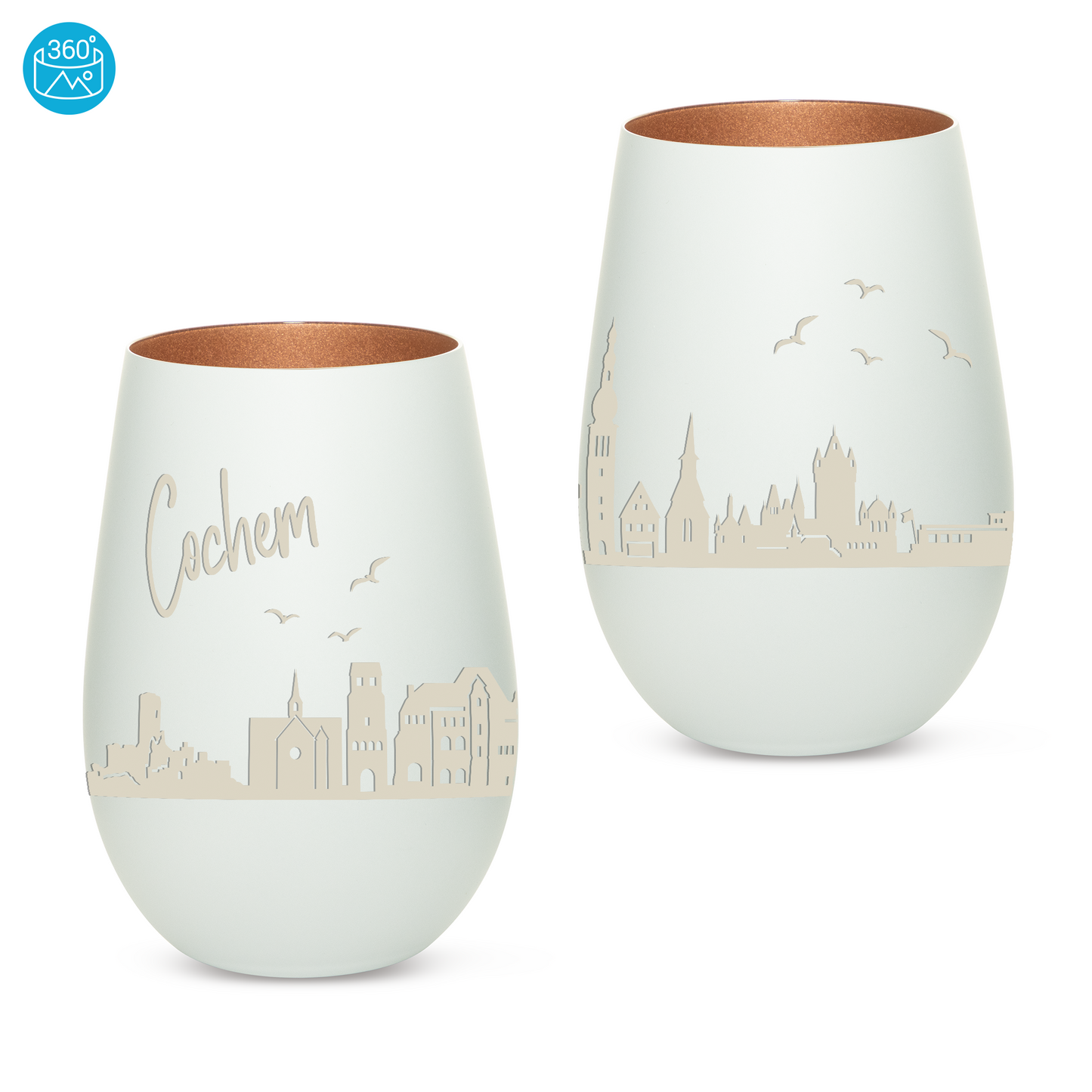 Hochwertiges Glas Windlicht mit Gravur "SKYLINE COCHEM" in der Farbe Weiß/Bronze