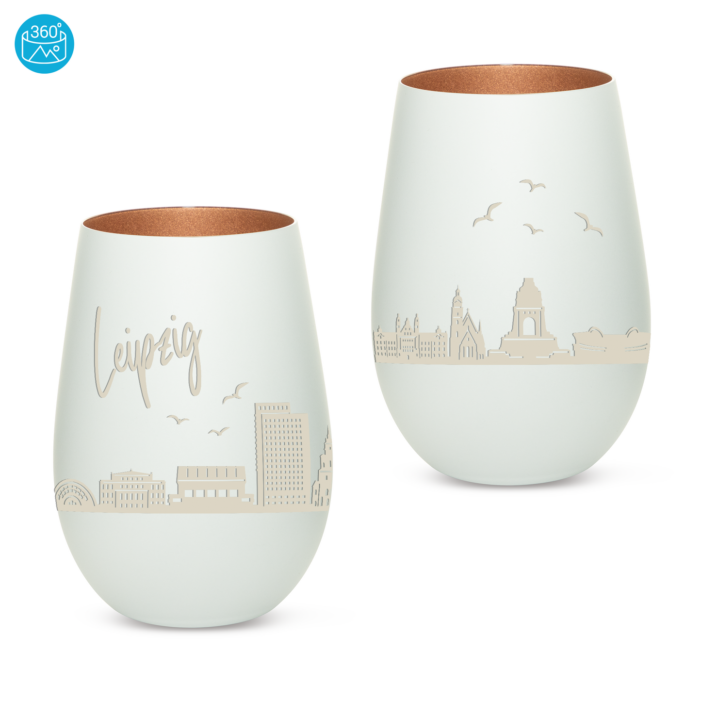Hochwertiges Glas Windlicht mit Gravur "SKYLINE LEIPZIG" in der Farbe Weiß/Bronze