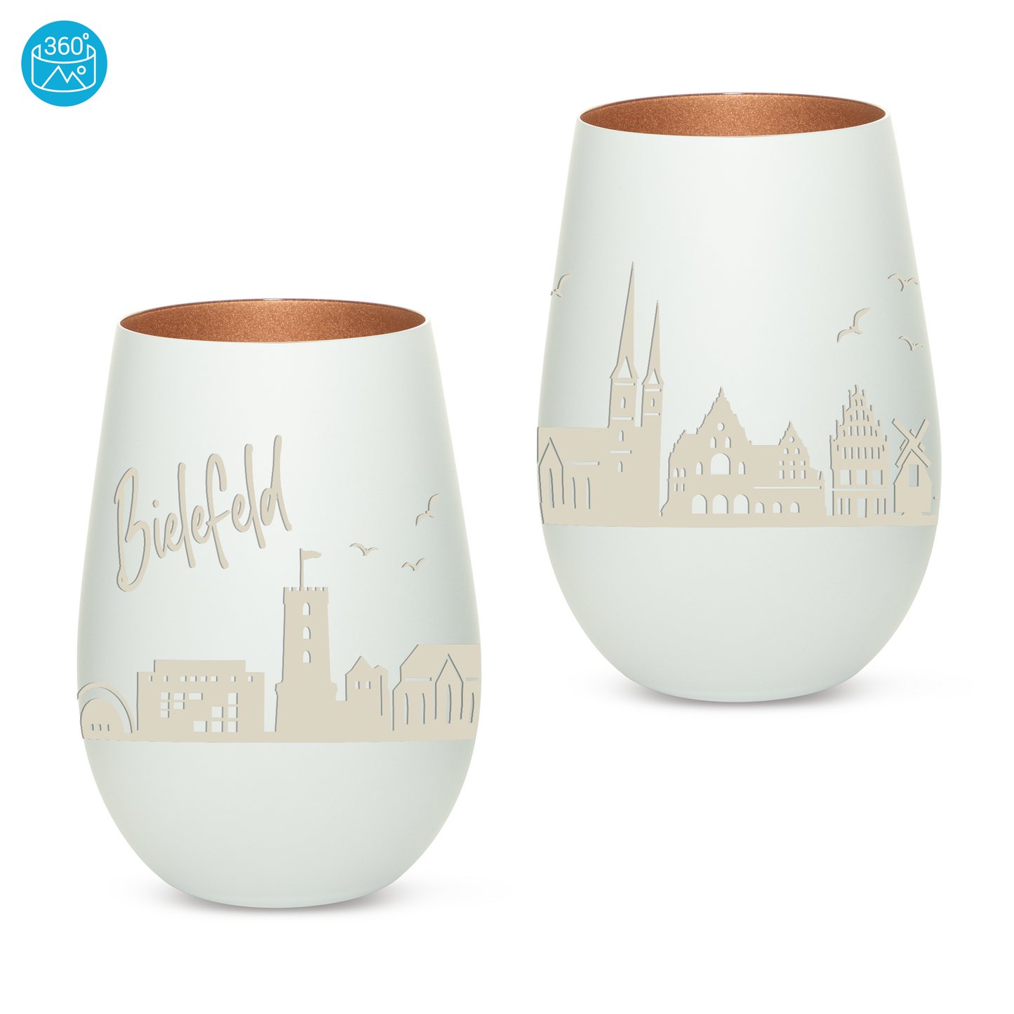 Hochwertiges Glas Windlicht mit Gravur "SKYLINE BIELEFELD" in der Farbe Weiß/Bronze