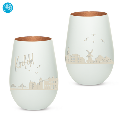 Hochwertiges Glas Windlicht mit Gravur "SKYLINE KREFELD" in der Farbe Weiß/Bronze