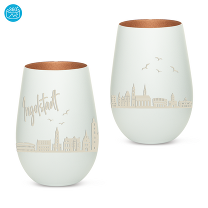 Hochwertiges Glas Windlicht mit Gravur "SKYLINE INGOLSTADT" in der Farbe Weiß/Bronze
