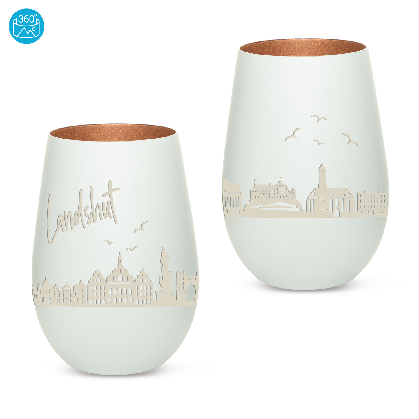 Hochwertiges Glas Windlicht mit Gravur "SKYLINE LANDSHUT" in der Farbe Weiß/Bronze