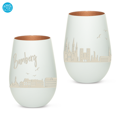 Hochwertiges Glas Windlicht mit Gravur "SKYLINE BAMBERG" in der Farbe Weiß/Bronze