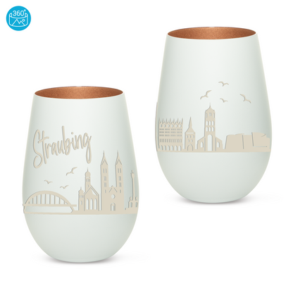 Hochwertiges Glas Windlicht mit Gravur "SKYLINE STRAUBING" in der Farbe Weiß/Bronze