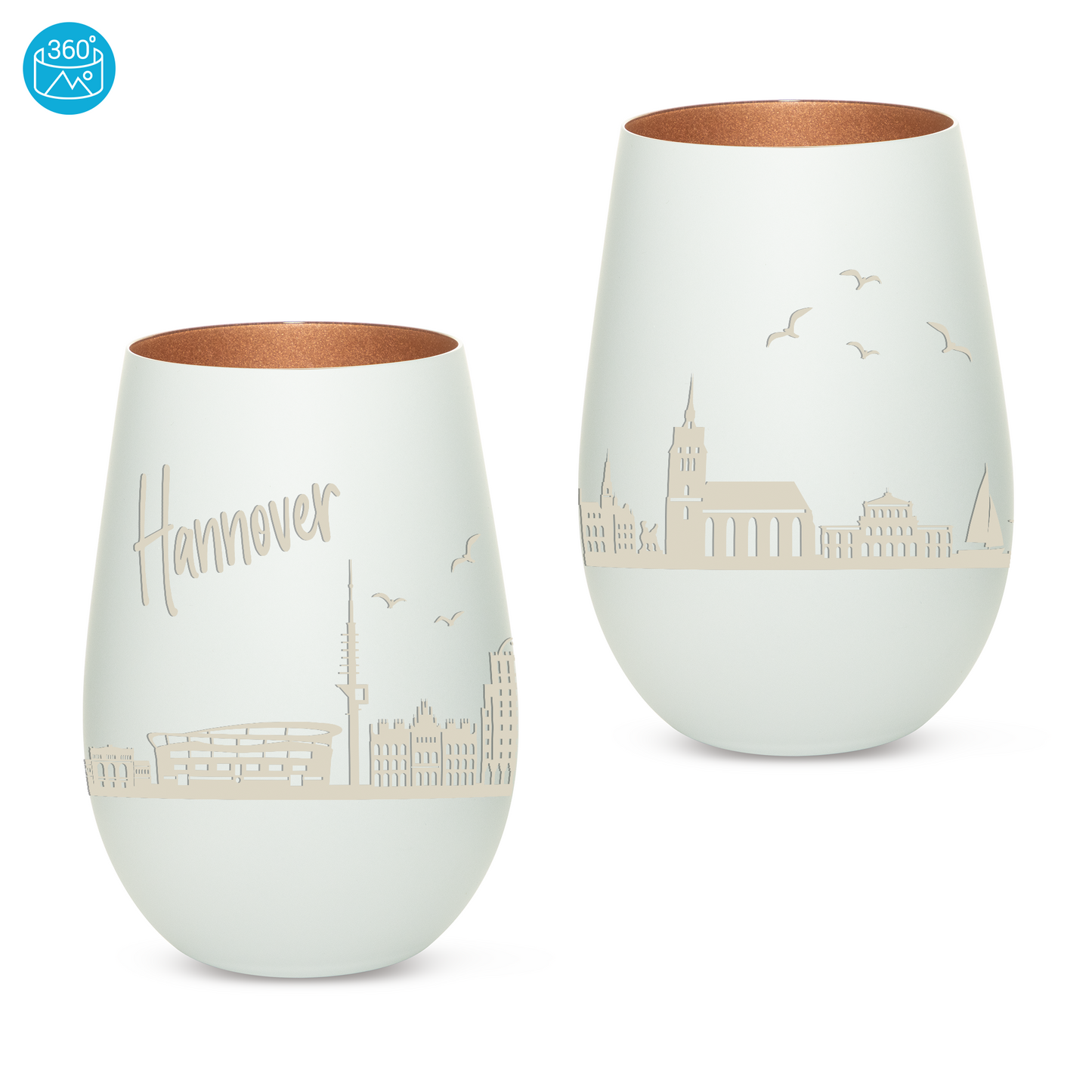 Hochwertiges Glas Windlicht mit Gravur "SKYLINE HANNOVER" in der Farbe Weiß/Bronze