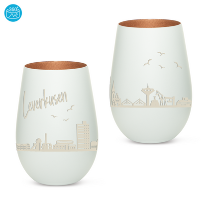 Hochwertiges Glas Windlicht mit Gravur "SKYLINE LEVERKUSEN" in der Farbe Weiß/Bronze