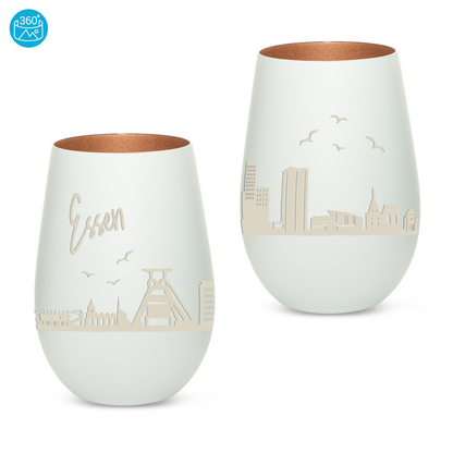 Hochwertiges Glas Windlicht mit Gravur "SKYLINE ESSEN" in der Farbe Weiß/Bronze