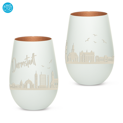 Hochwertiges Glas Windlicht mit Gravur "SKYLINE DARMSTADT" in der Farbe Weiß/Bronze