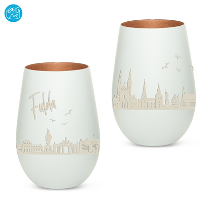 Hochwertiges Glas Windlicht mit Gravur "SKYLINE FULDA" in der Farbe Weiß/Bronze