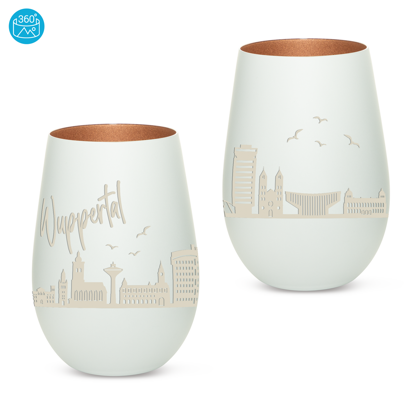 Hochwertiges Glas Windlicht mit Gravur "SKYLINE WUPPERTAL" in der Farbe Weiß/Bronze