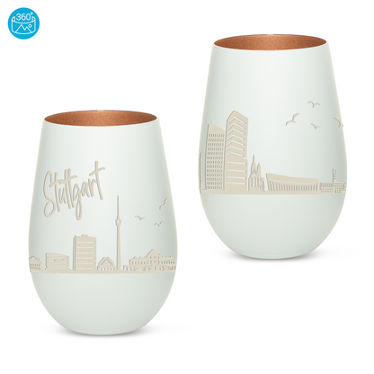 Hochwertiges Glas Windlicht mit Gravur "SKYLINE STUTTGART" in der Farbe Weiß/Bronze