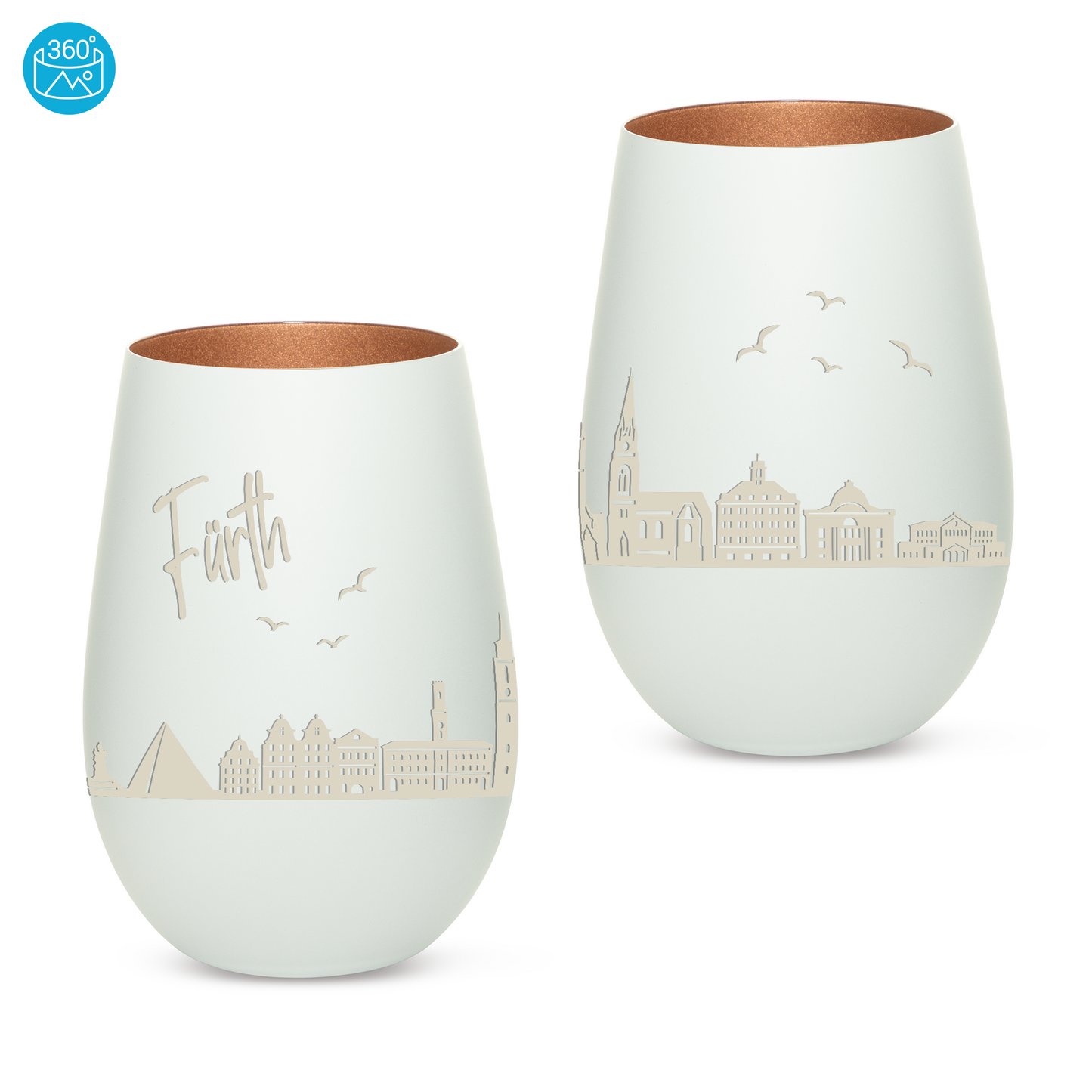 Hochwertiges Glas Windlicht mit Gravur "SKYLINE FÜRTH" in der Farbe Weiß/Bronze