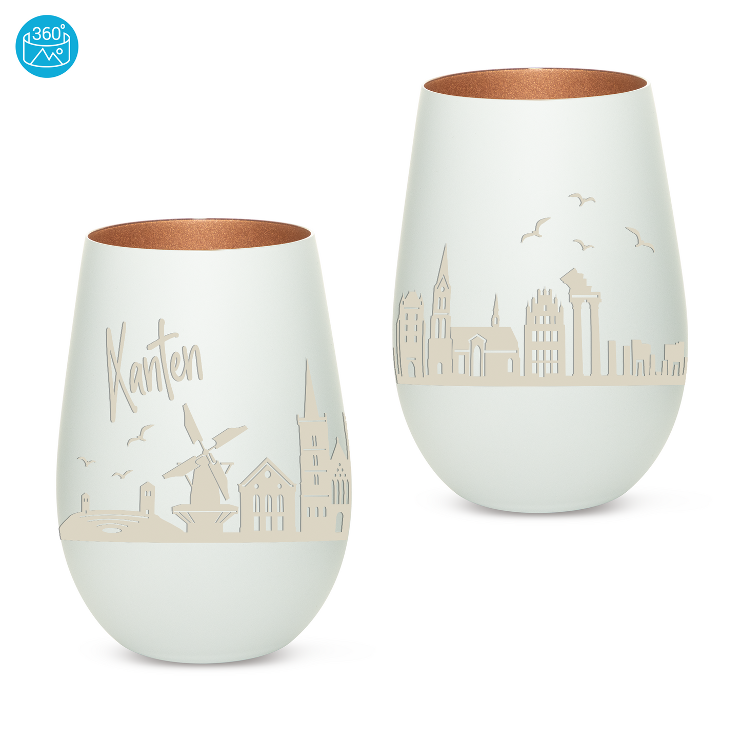 Hochwertiges Glas Windlicht mit Gravur "SKYLINE XANTEN" in der Farbe Weiß/Bronze