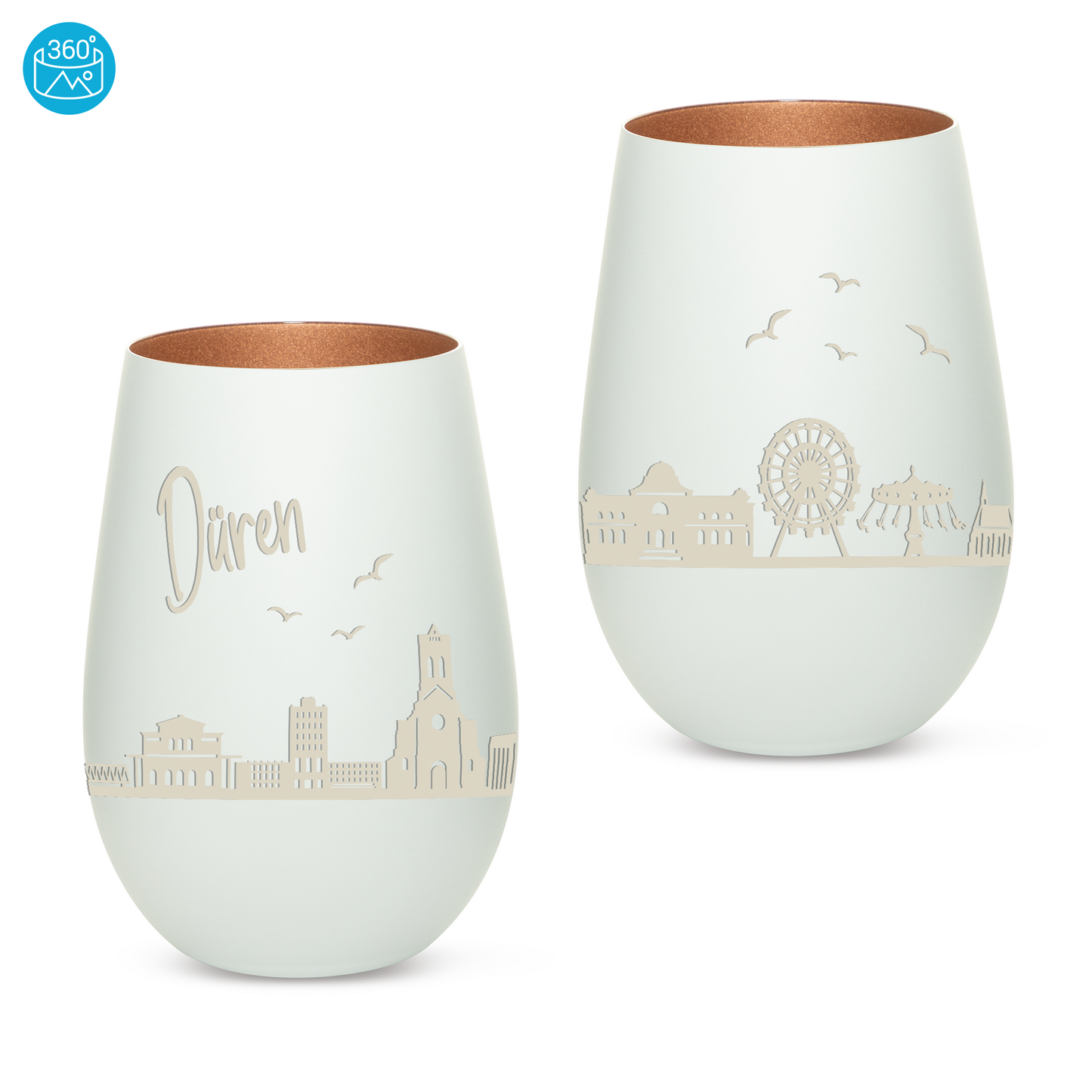 Hochwertiges Glas Windlicht mit Gravur "SKYLINE DÜREN" in der Farbe Weiß/Bronze