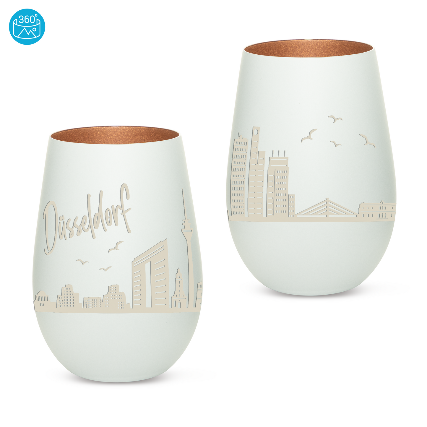 Hochwertiges Glas Windlicht mit Gravur "SKYLINE DÜSSELDORF" in der Farbe Weiß/Bronze
