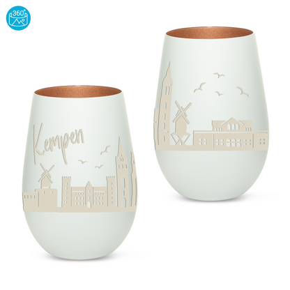 Hochwertiges Glas Windlicht mit Gravur "SKYLINE KEMPEN" in der Farbe Weiß/Bronze