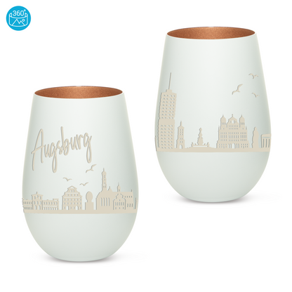 Hochwertiges Glas Windlicht mit Gravur "SKYLINE AUGSBURG" in der Farbe Weiß/Bronze