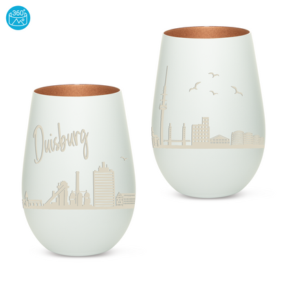 Hochwertiges Glas Windlicht mit Gravur "SKYLINE DUISBURG" in der Farbe Weiß/Bronze