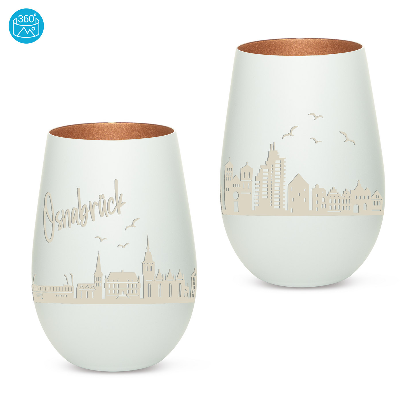 Hochwertiges Glas Windlicht mit Gravur "SKYLINE OSNABRÜCK" in der Farbe Weiß/Bronze