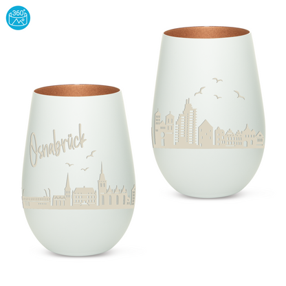 Hochwertiges Glas Windlicht mit Gravur "SKYLINE OSNABRÜCK" in der Farbe Weiß/Bronze