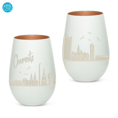 Hochwertiges Glas Windlicht mit Gravur "SKYLINE CHEMNITZ" in der Farbe Weiß/Bronze