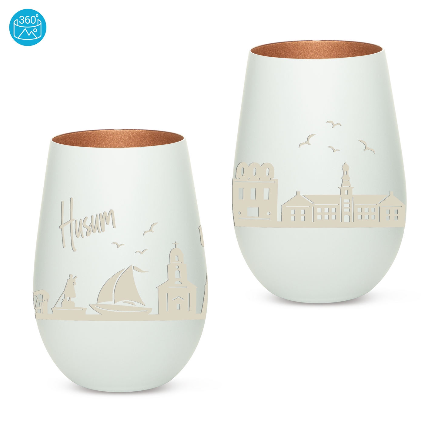 Hochwertiges Glas Windlicht mit Gravur "SKYLINE HUSUM" in der Farbe Weiß/Bronze