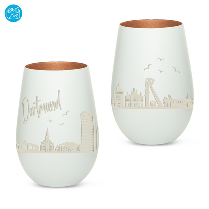 Hochwertiges Glas Windlicht mit Gravur "SKYLINE DORTMUND" in der Farbe Weiß/Bronze