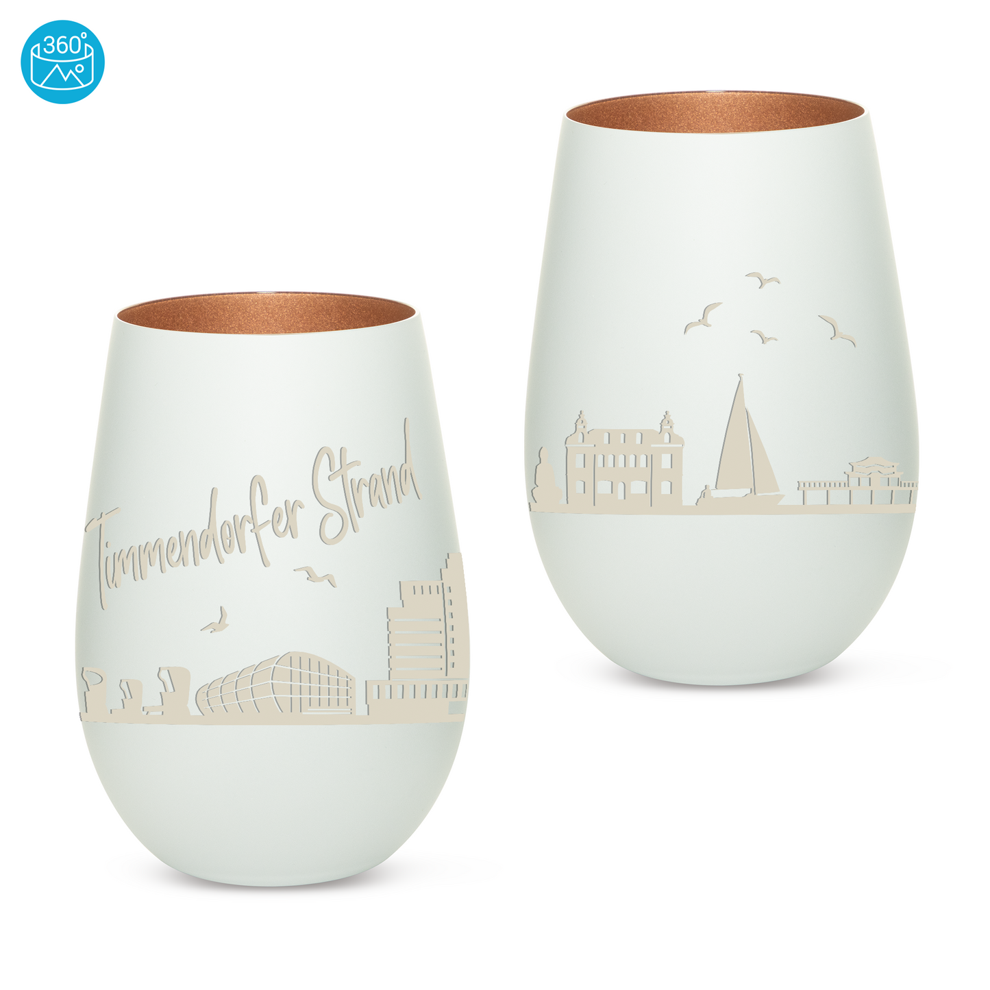Hochwertiges Glas Windlicht mit Gravur "SKYLINE TIMMENDORFER STRAND" in der Farbe Weiß/Bronze